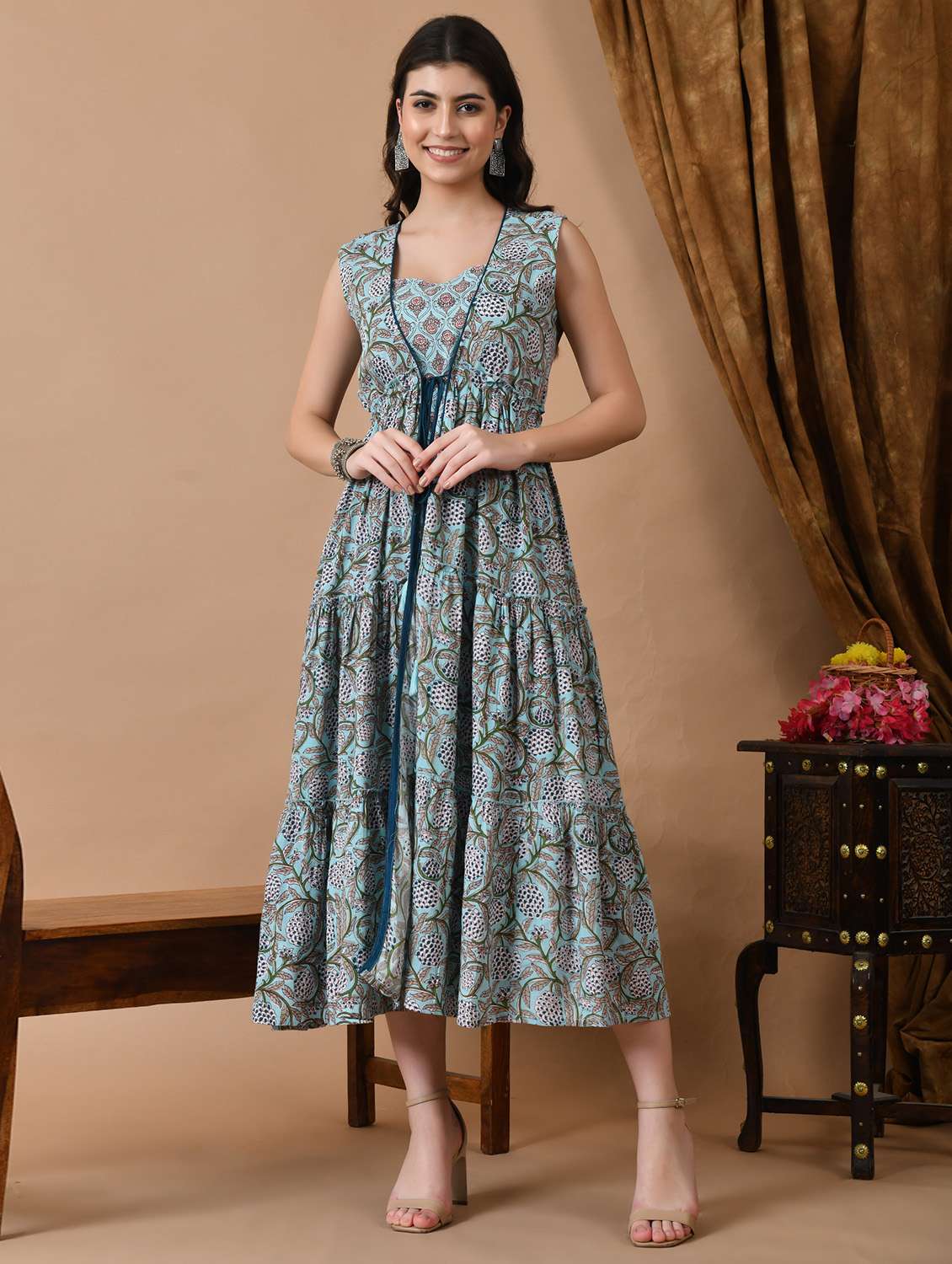 women light blue printed sleeveless tiered ethnic dress
