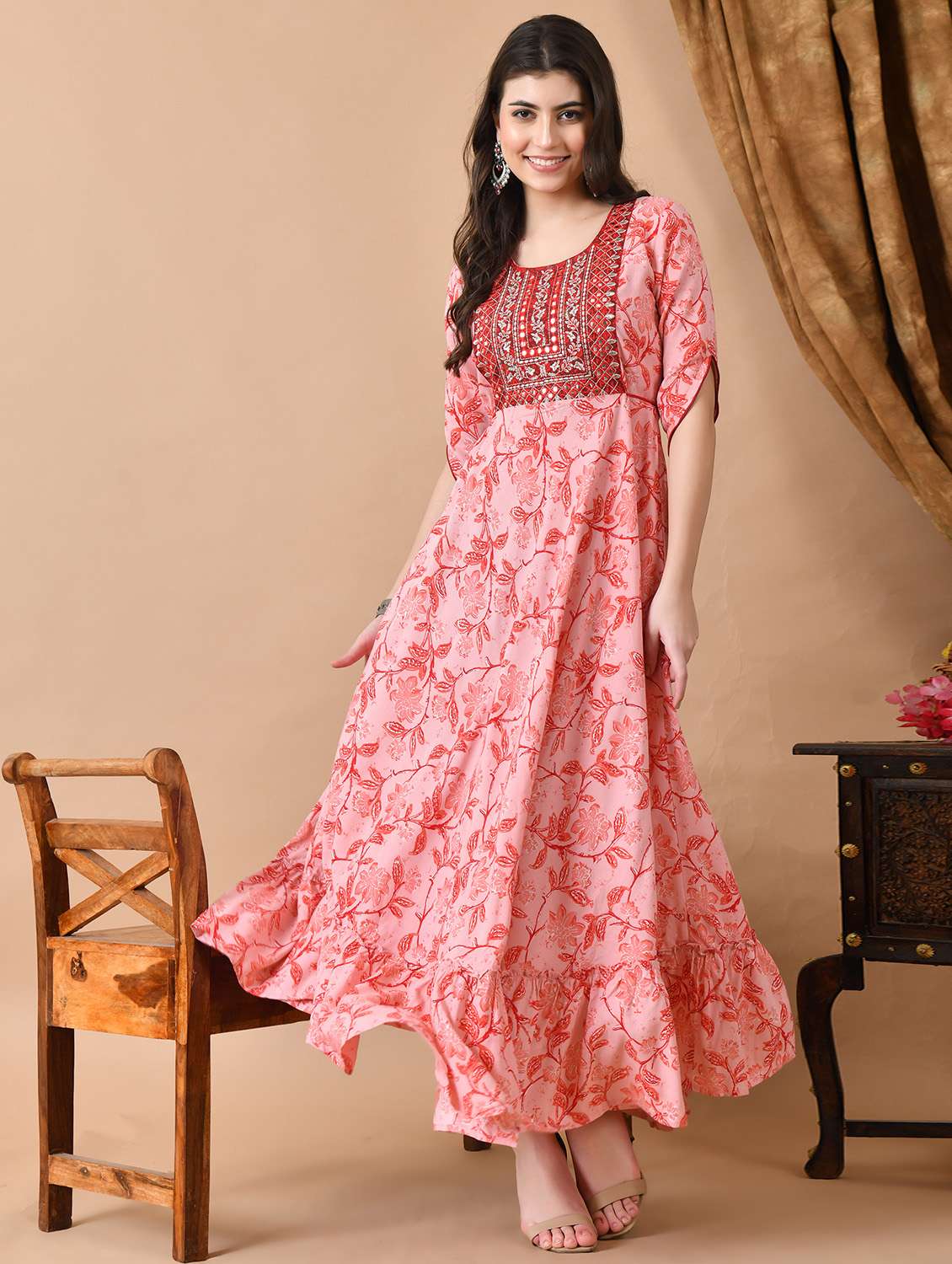 women embroidered three quarter sleeve ethnic dress