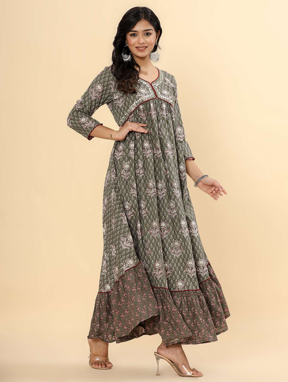 women three quarter sleeve ethnic dress - 21924925 - Standard Image - 1