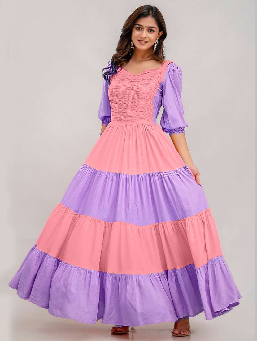women color block puff sleeve tiered ethnic dress - 21924926 - Standard Image - 1