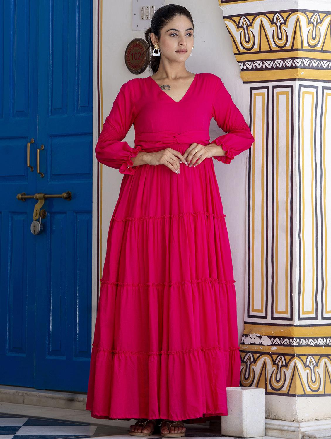 women pink solid long sleeve tiered dress - 21924928 - Zoom Image - 0