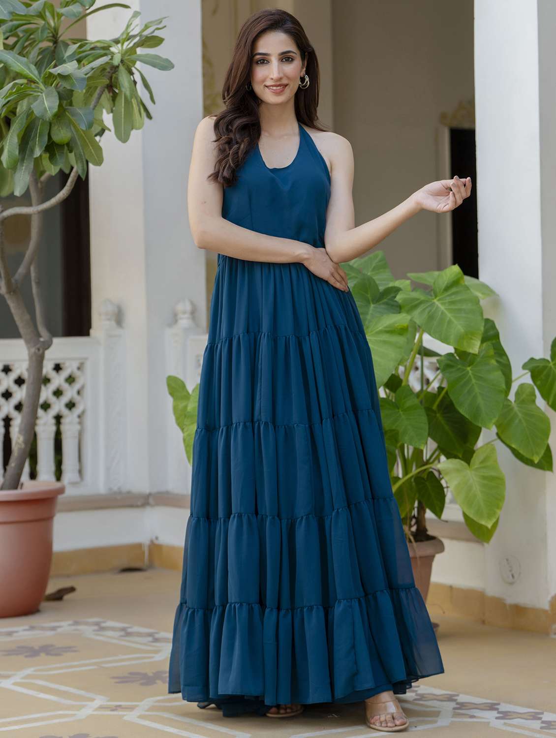 women teal solid halter neck tiered dress