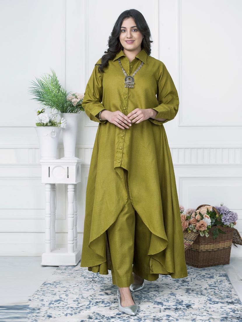 women solid long sleeve kurta palazzo set