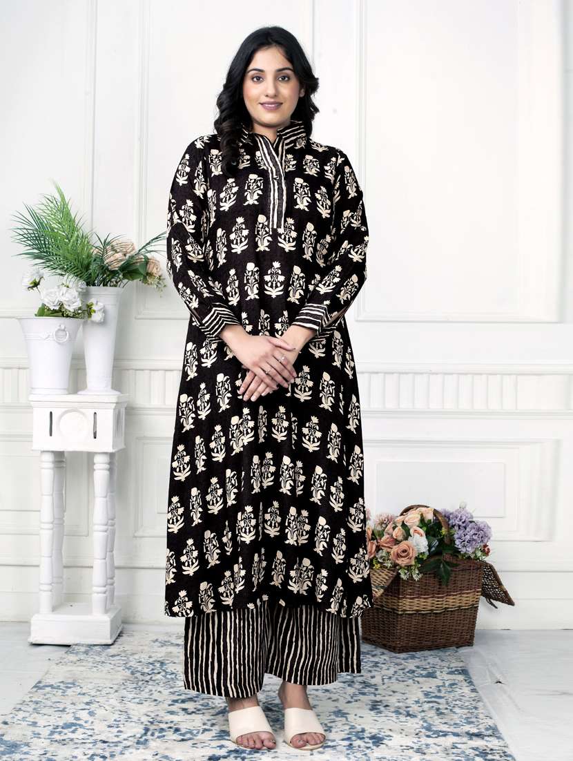 women printed long sleeve kurta palazzo set