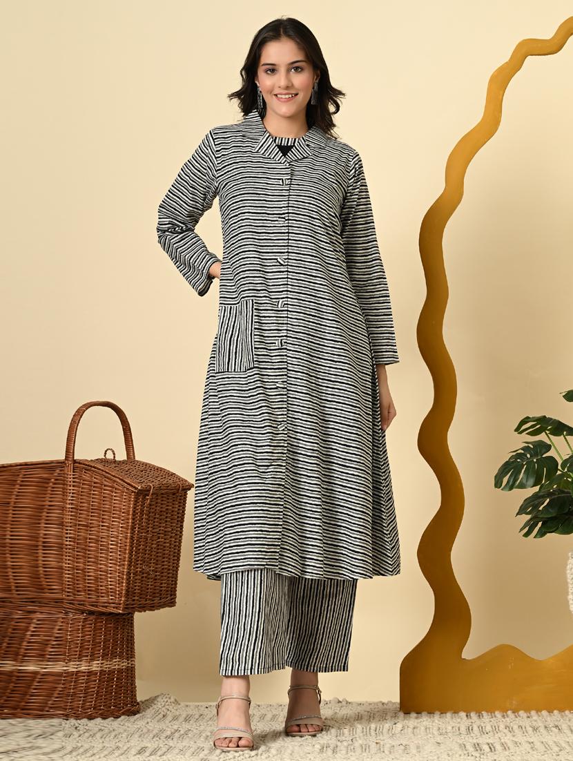 women black striped long sleeve kurta pant set - 21924977 - Standard Image - 1