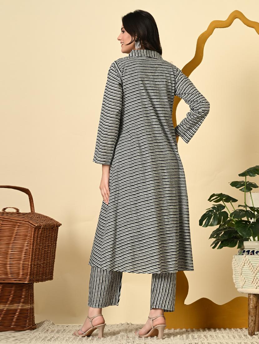 women black striped long sleeve kurta pant set - 21924977 - Standard Image - 4