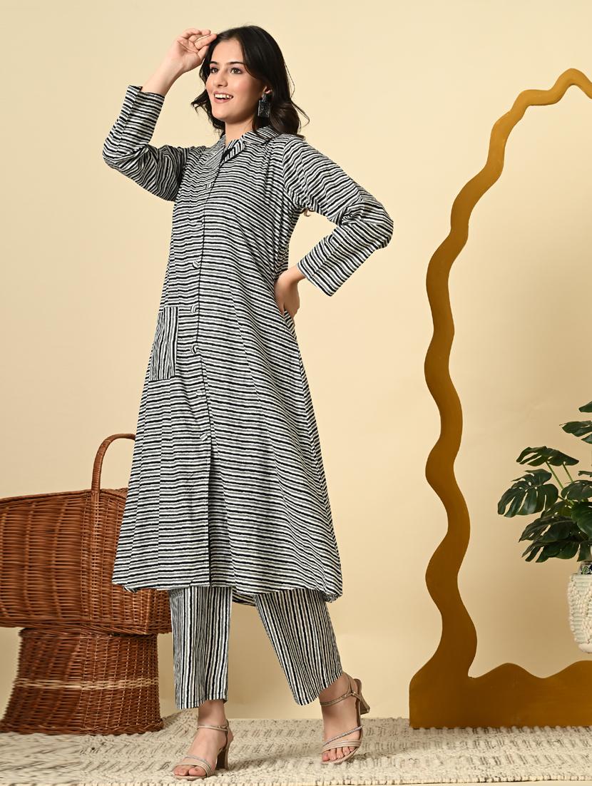 women black striped long sleeve kurta pant set - 21924977 - Standard Image - 6