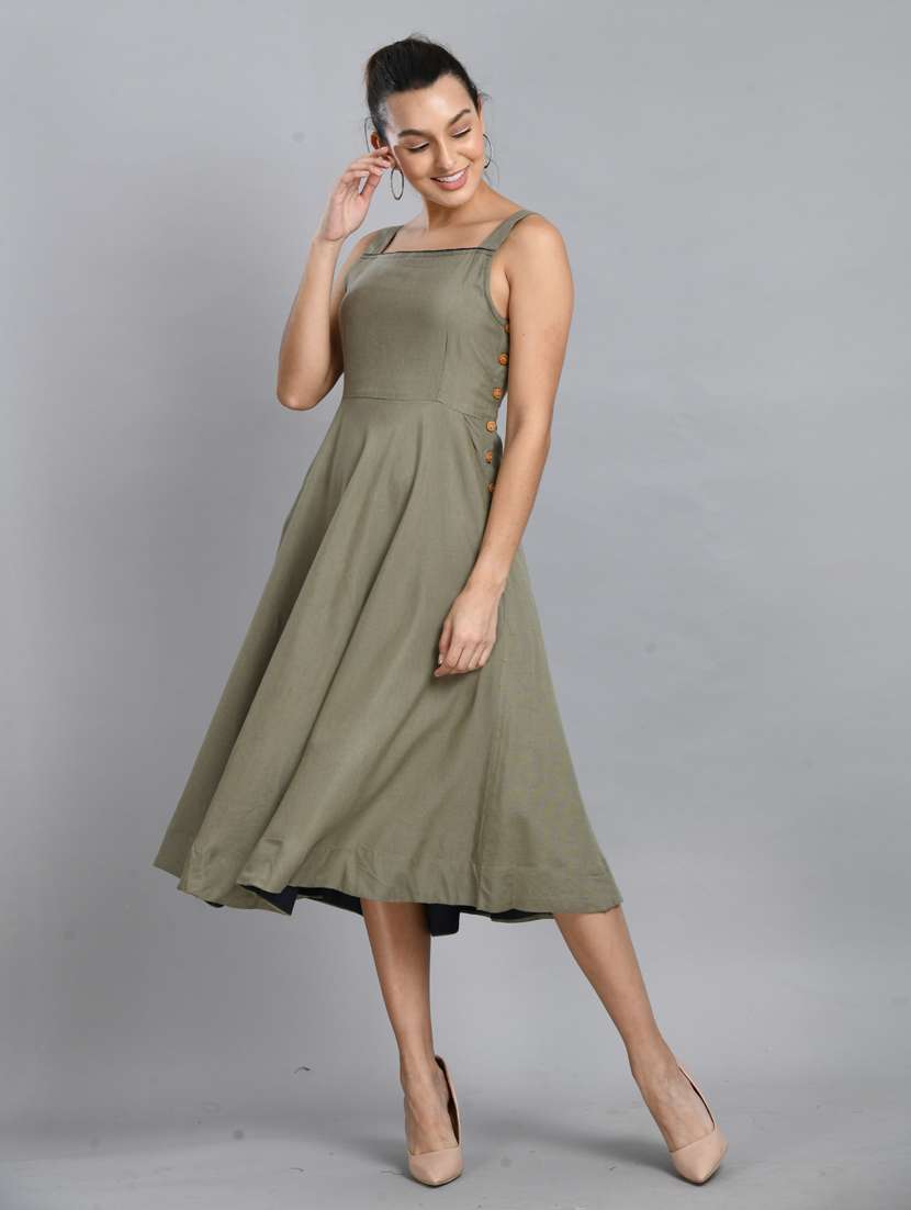 women olive solid sleeveless fit & flare dress - 21924980 -  Standard Image - 1