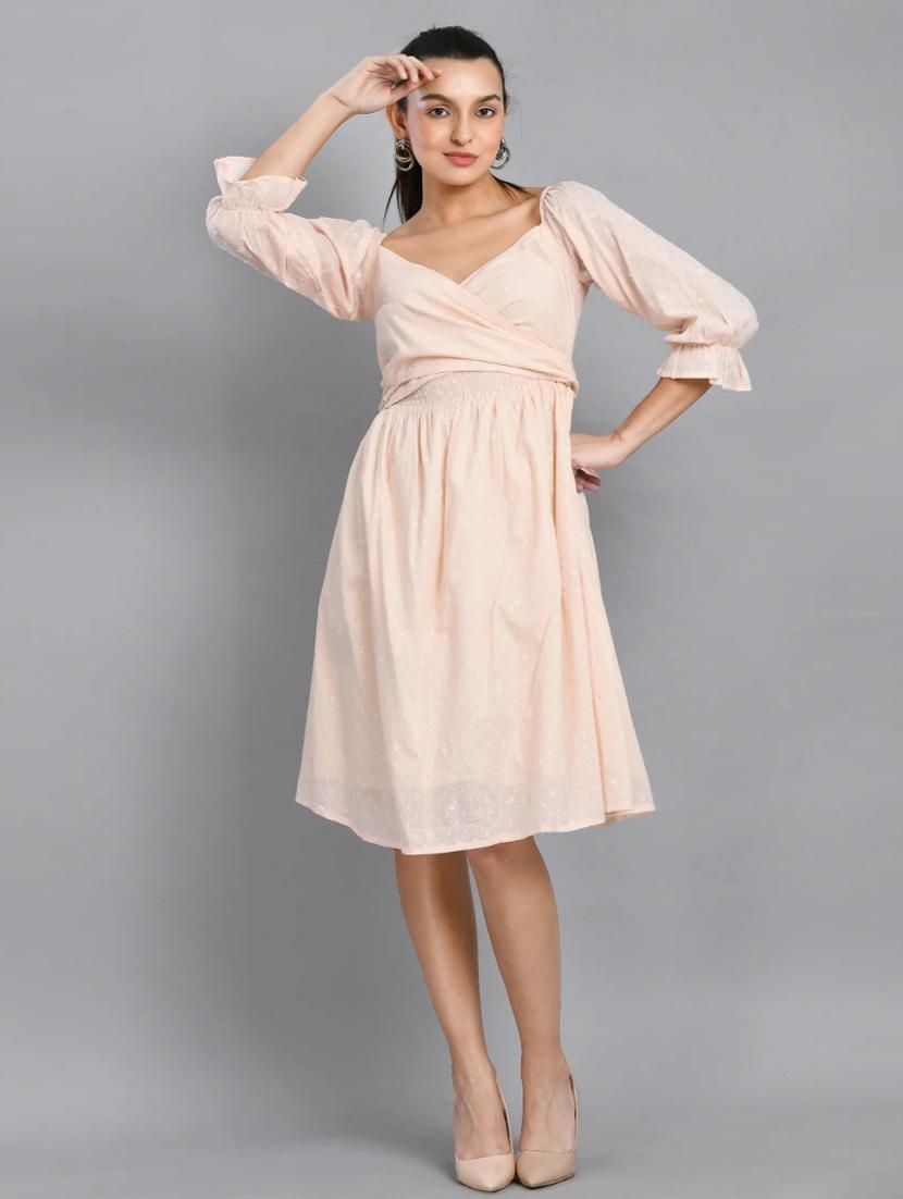 women peach solid puff sleeve fit & flare dress - 21924982 -  Zoom Image - 0