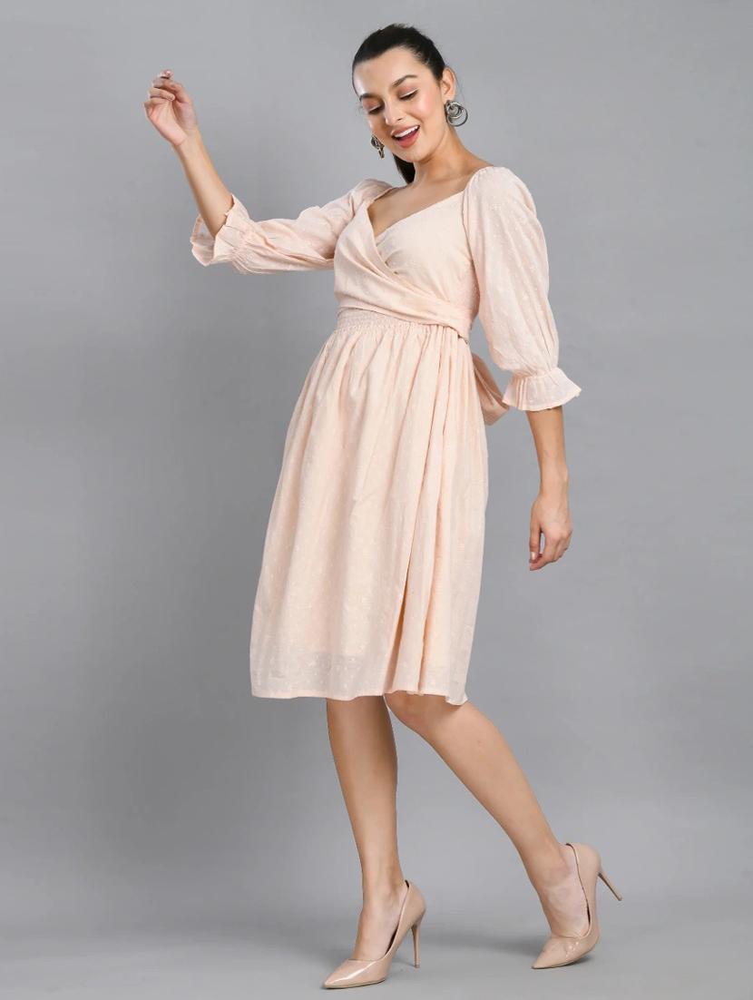 women peach solid puff sleeve fit & flare dress - 21924982 -  Standard Image - 1