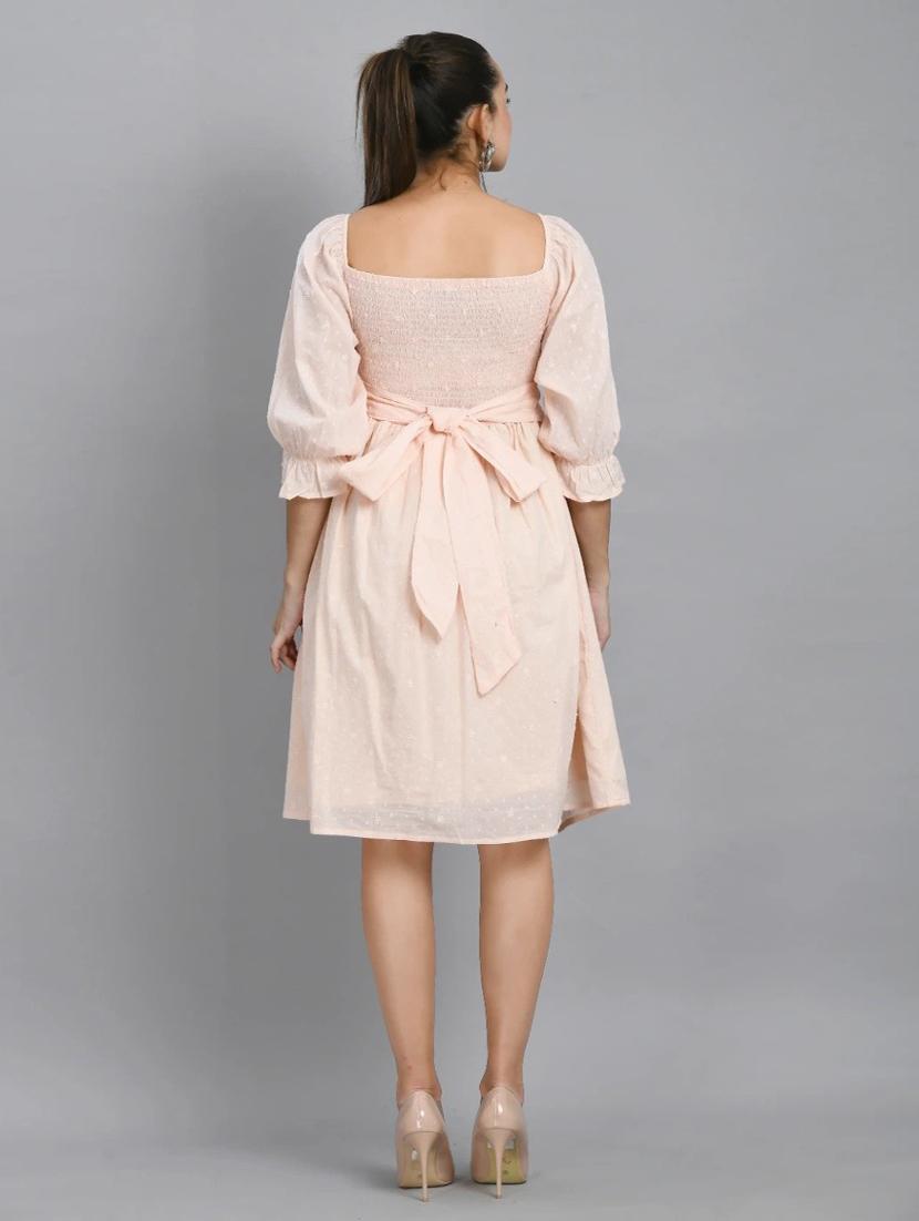 women peach solid puff sleeve fit & flare dress - 21924982 - Standard Image - 4