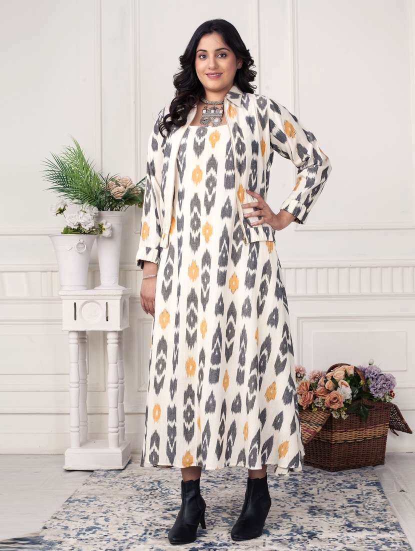 women off white ikat print long sleeve ethnic dress - 21924993 - Standard Image - 1