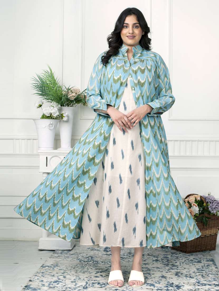 women light blue ikat print long sleeve ethnic dress - 21924995 - Standard Image - 1