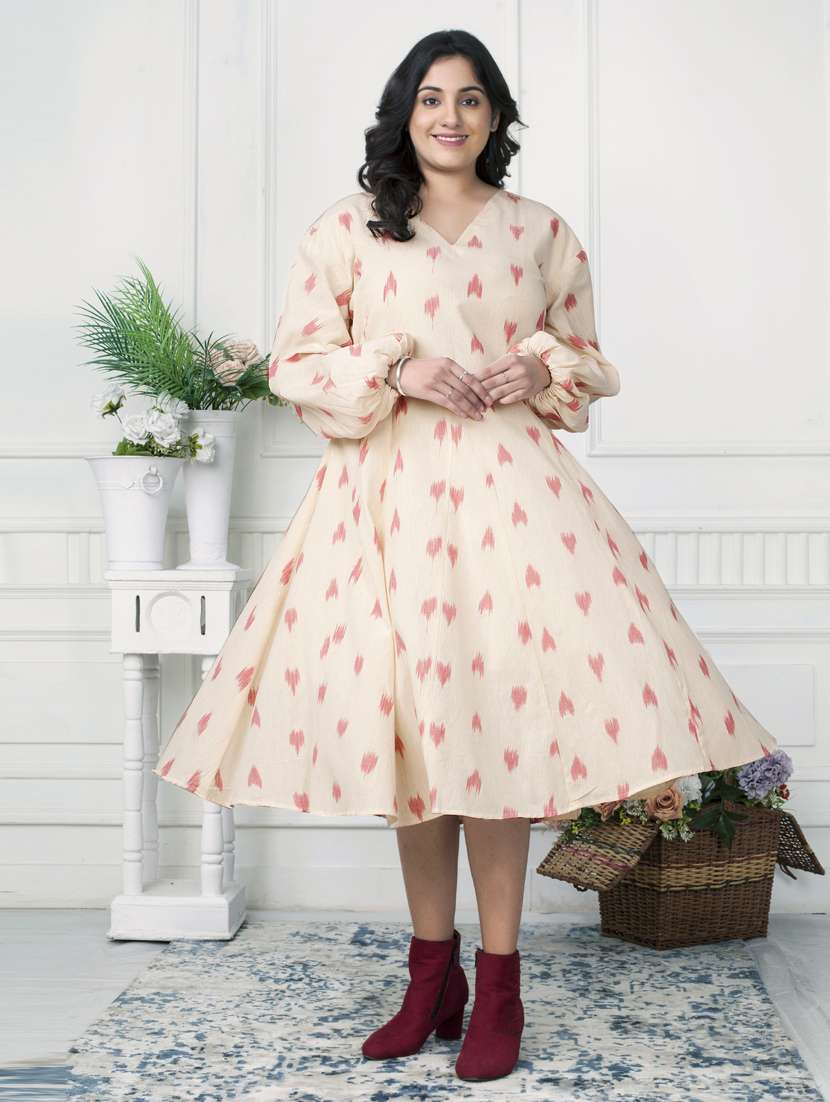 women cream ikat print long sleeve ethnic dress