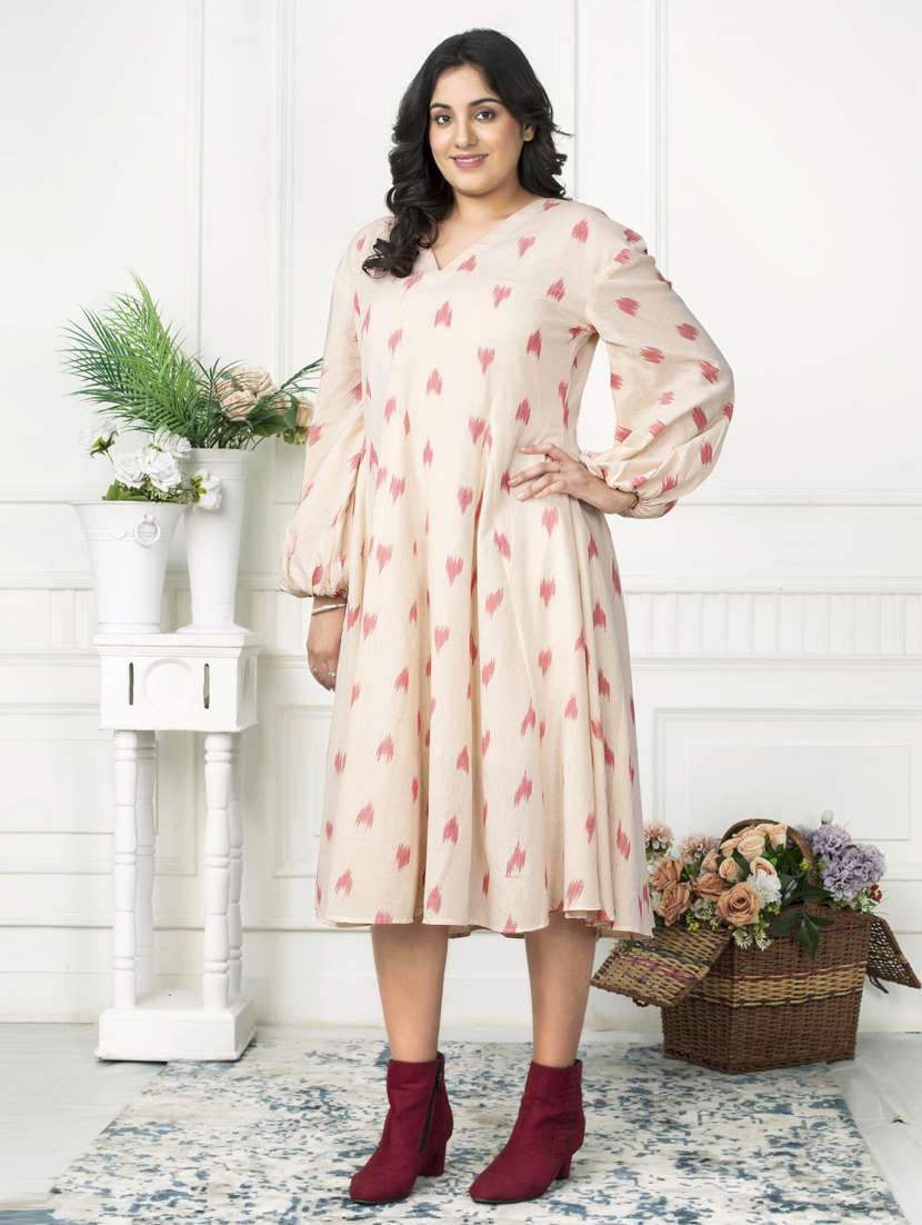 women cream ikat print long sleeve ethnic dress - 21924996 -  Standard Image - 1