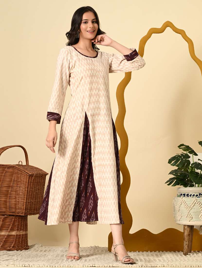 women cream ikat print long sleeve ethnic dress - 21924997 - Standard Image - 1