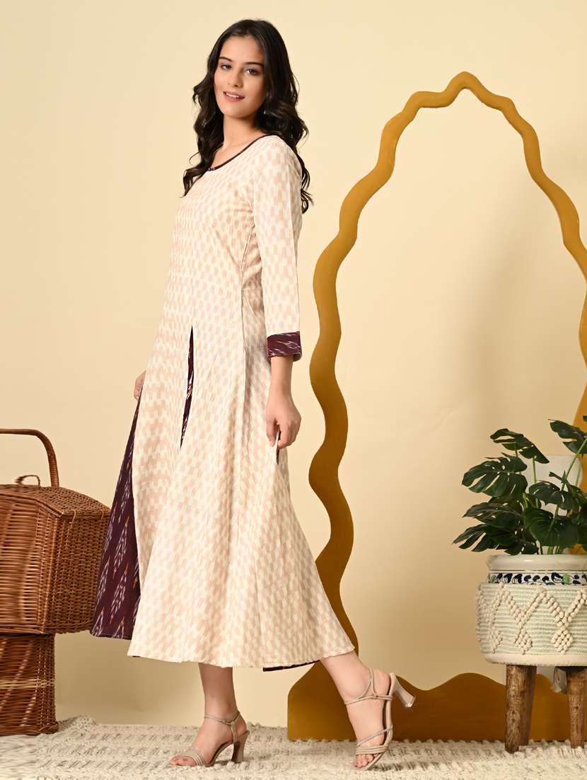 women cream ikat print long sleeve ethnic dress - 21924997 - Standard Image - 4