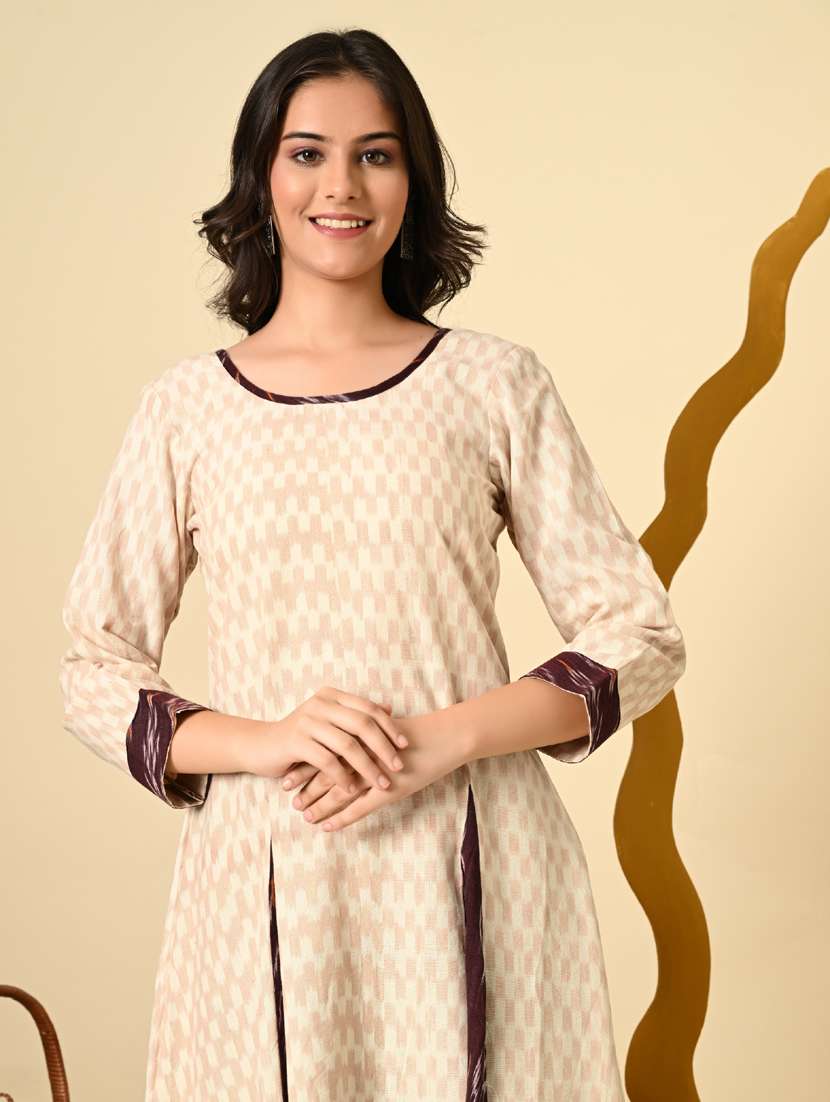 women cream ikat print long sleeve ethnic dress - 21924997 - Standard Image - 6