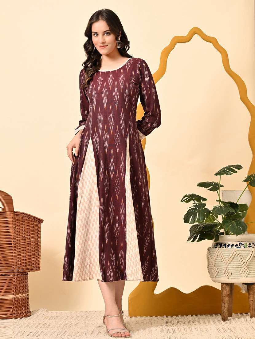 women maroon ikat print round neck a-line ethnic dress - 21924998 -  Standard Image - 1