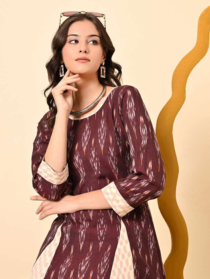 women maroon ikat print round neck a-line ethnic dress - 21924998 -  Standard Image - 6