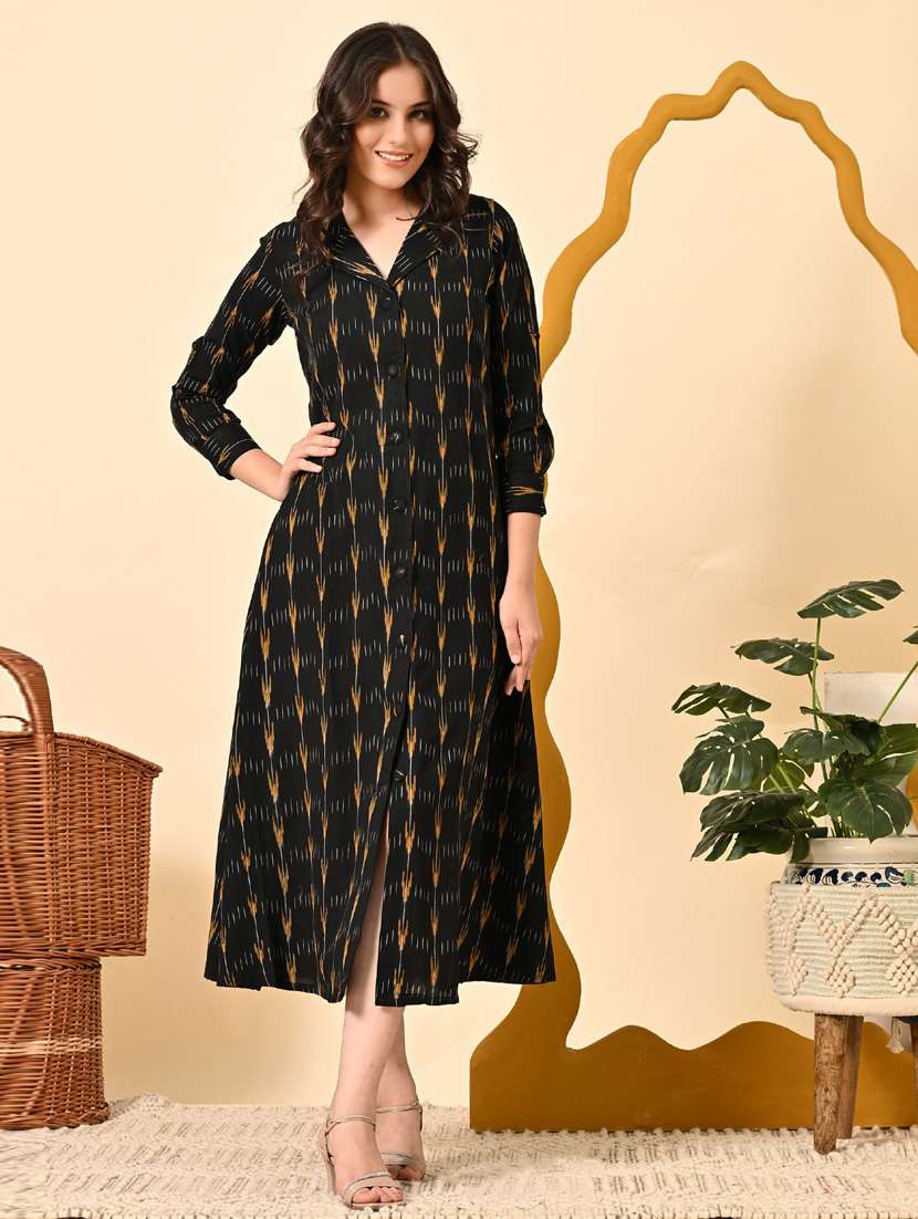 women ikat print roll up sleeve a-line ethnic dress - 21924999 - Standard Image - 1