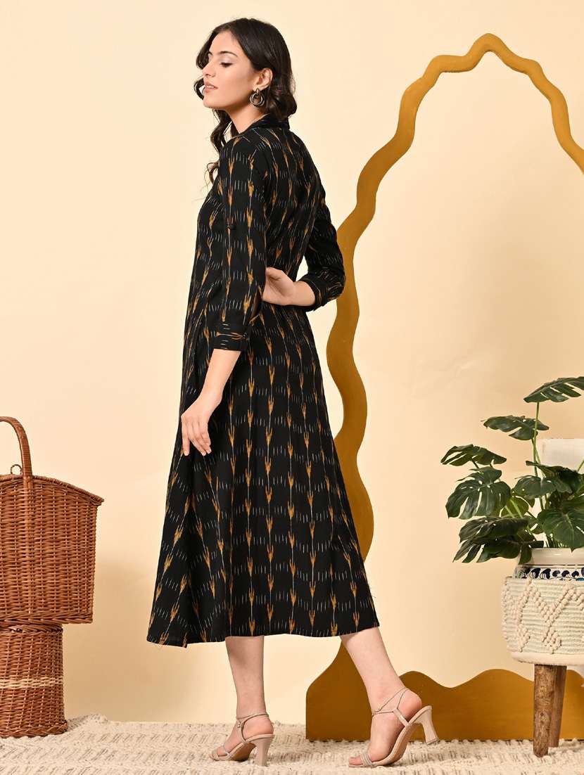 women ikat print roll up sleeve a-line ethnic dress - 21924999 - Standard Image - 4