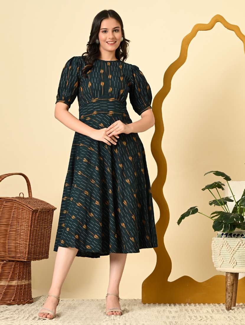 women ikat print puff sleeve fit & flare ethnic dress - 21925000 - Standard Image - 1
