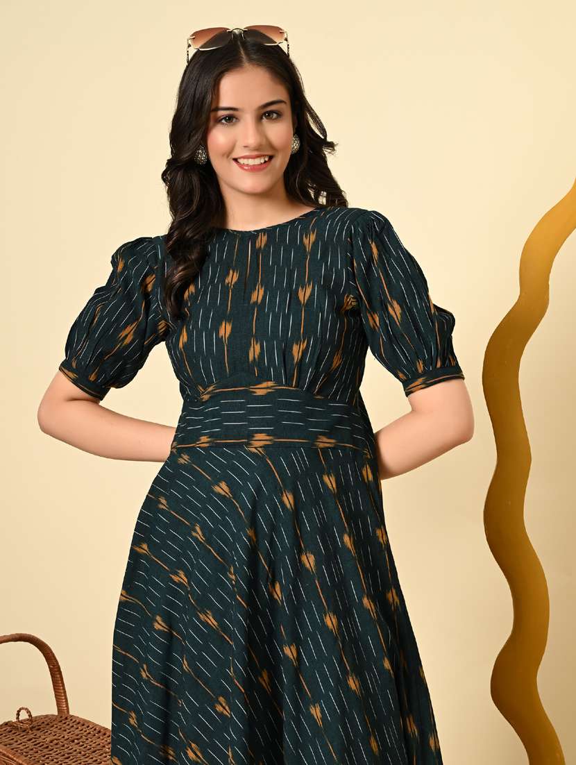 women ikat print puff sleeve fit & flare ethnic dress - 21925000 - Standard Image - 6