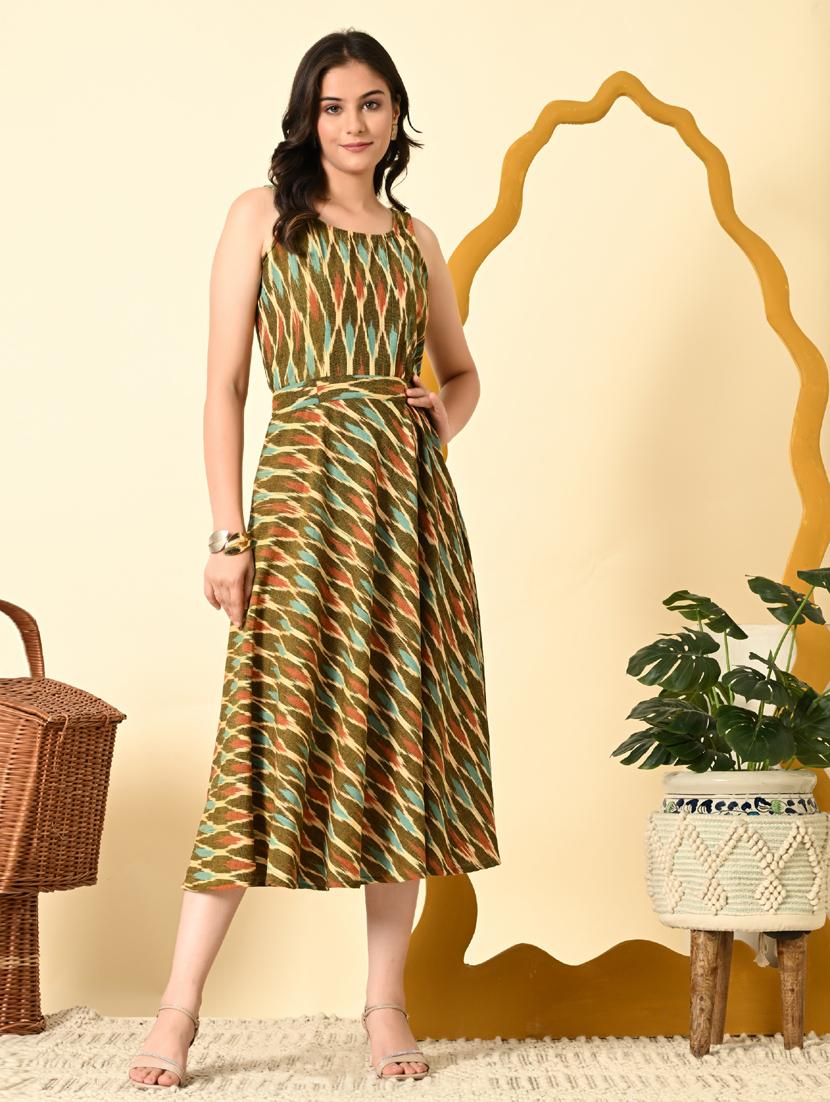 women olive ikat print sleeveless ethnic dress - 21925006 -  Standard Image - 1