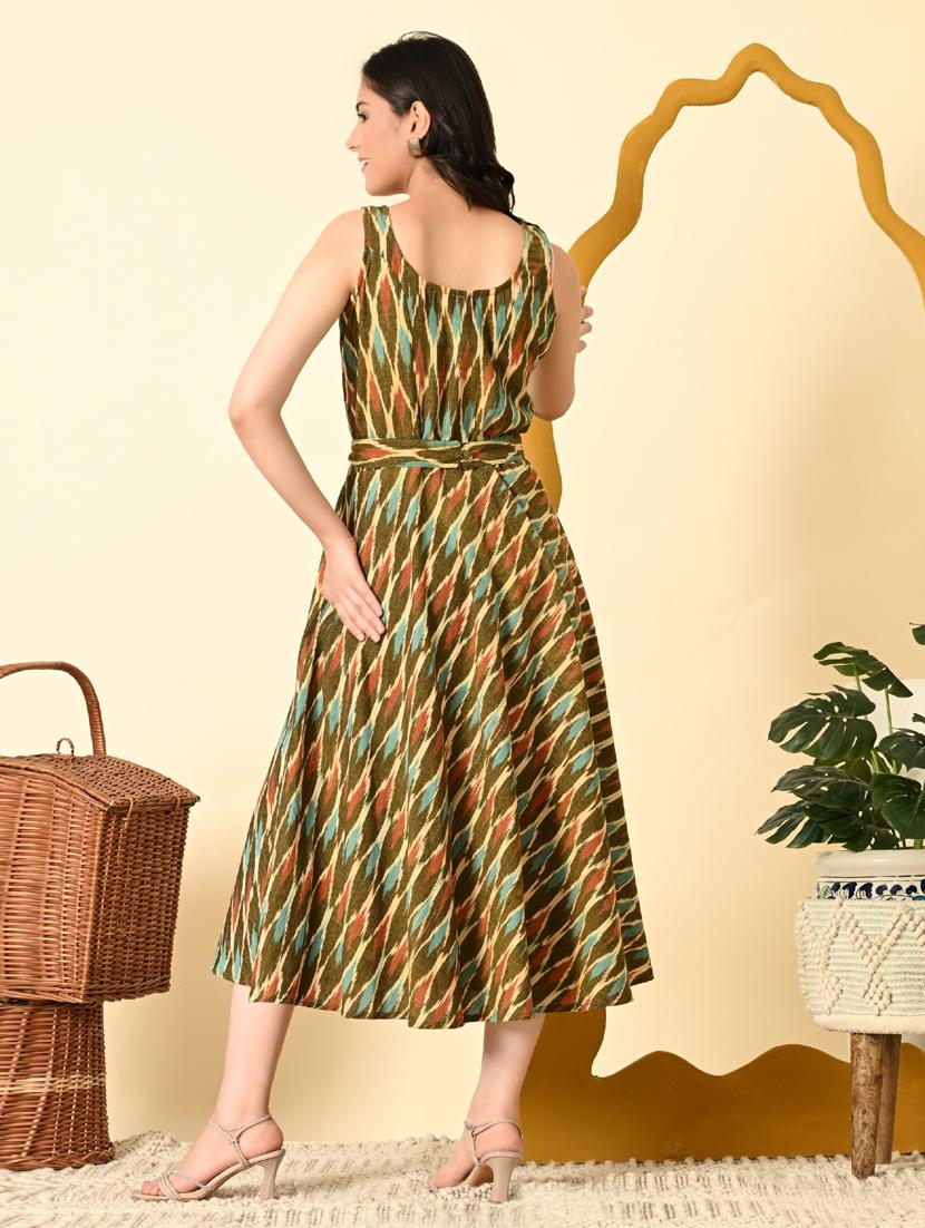 women olive ikat print sleeveless ethnic dress - 21925006 - Standard Image - 4