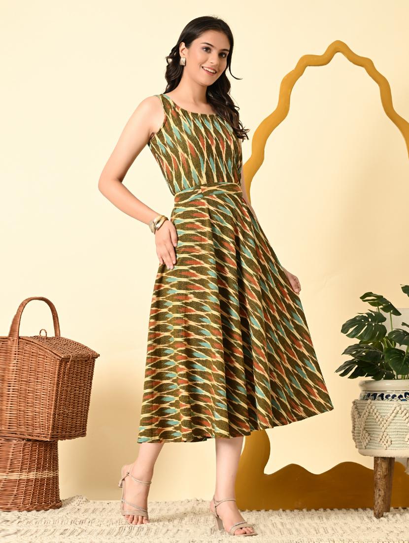 women olive ikat print sleeveless ethnic dress - 21925006 - Standard Image - 6