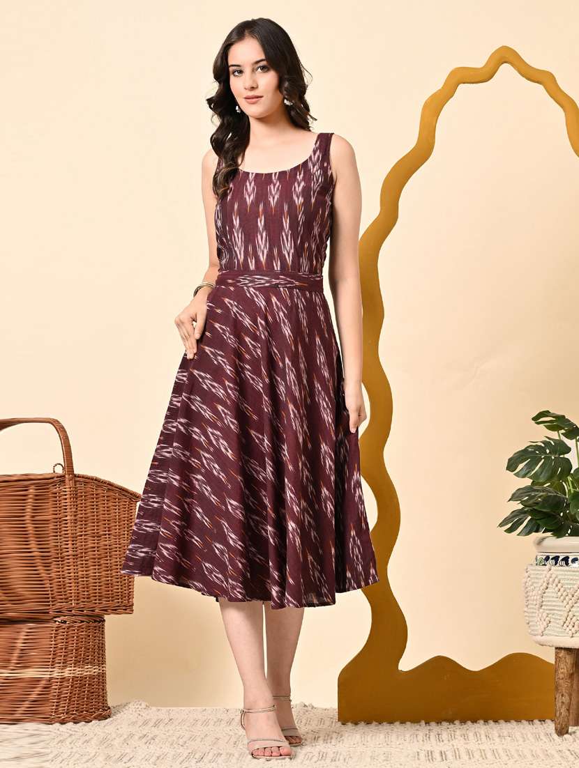 women maroon ikat print sleeveless ethnic dress - 21925007 -  Standard Image - 1
