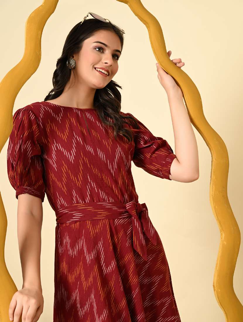 women maroon ikat print puff sleeve ethnic dress - 21925008 -  Standard Image - 6