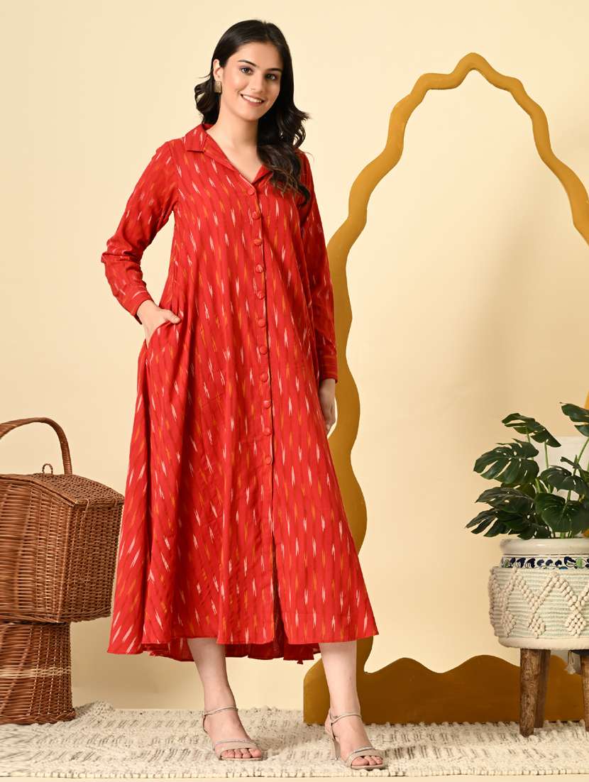women ikat print long sleeve a-line ethnic dress - 21925009 - Standard Image - 1