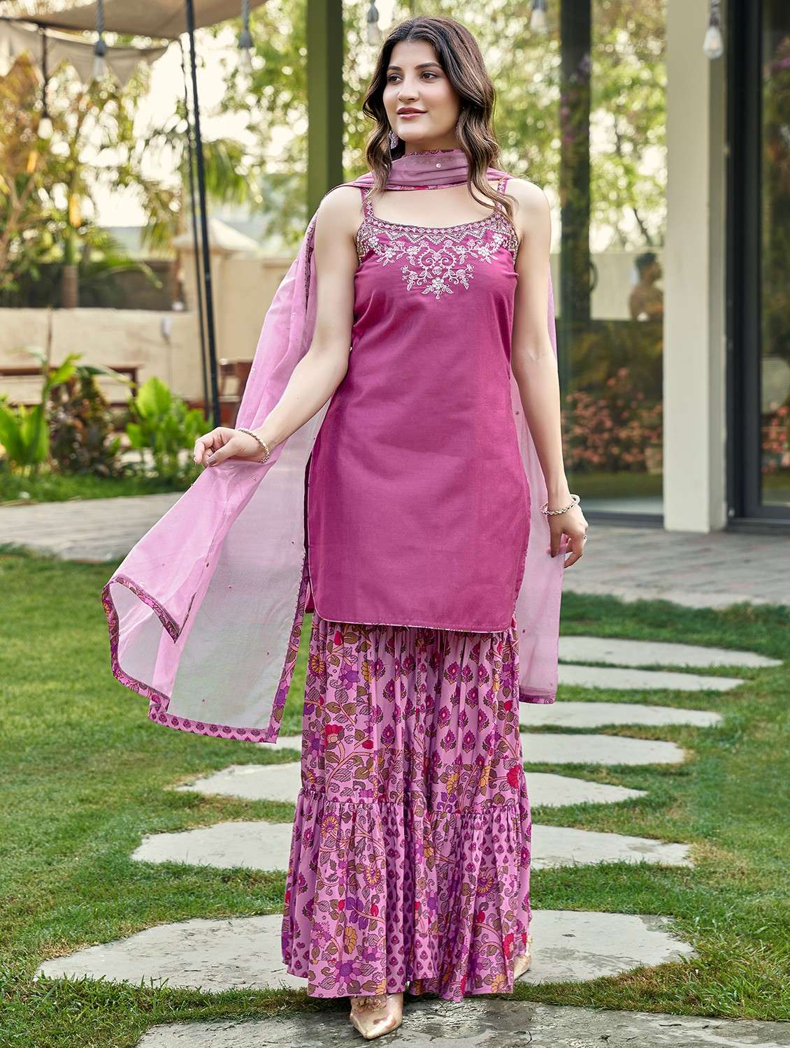 women purple sleeveless kurta sharara with dupatta set