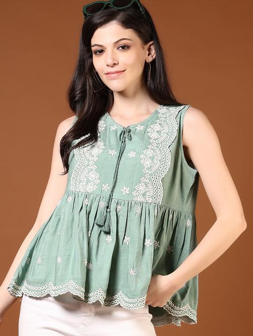 women embroidered tie up neck sleeveless kurti - 21925175 -  Standard Image - 0