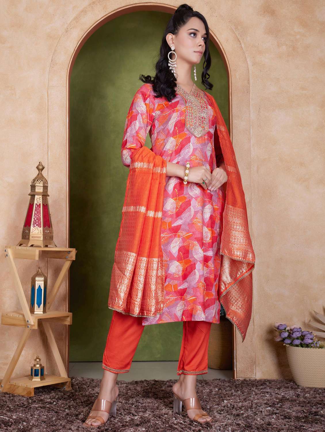 women three quarter sleeve kurta pant with dupatta set