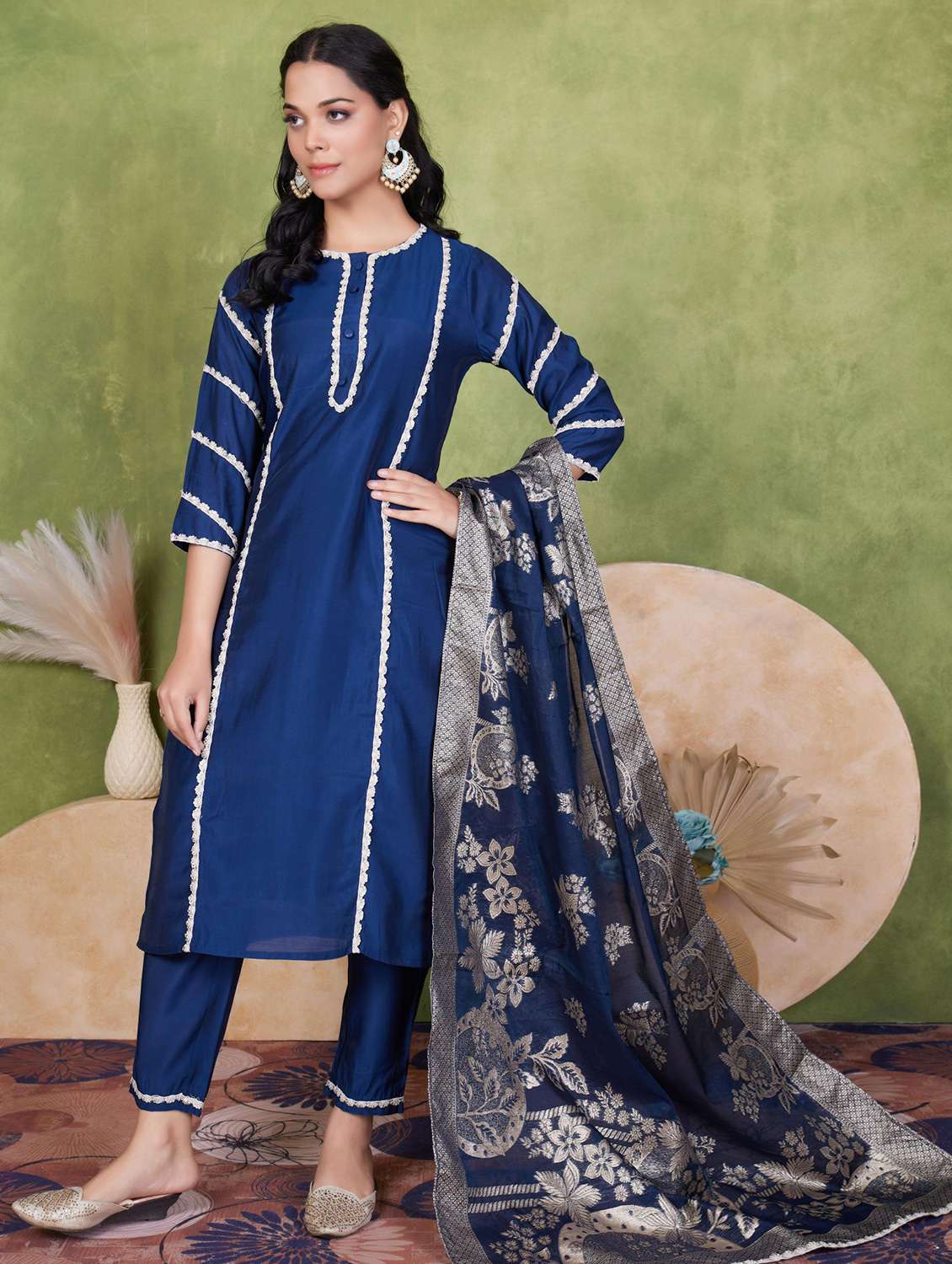 women three quarter sleeve kurta pant with dupatta set