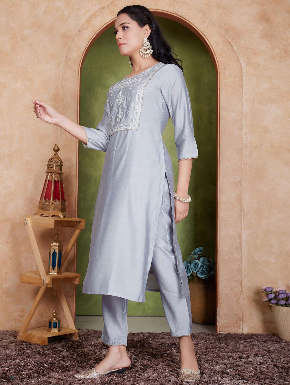 women three quarter sleeve kurta pant with dupatta set