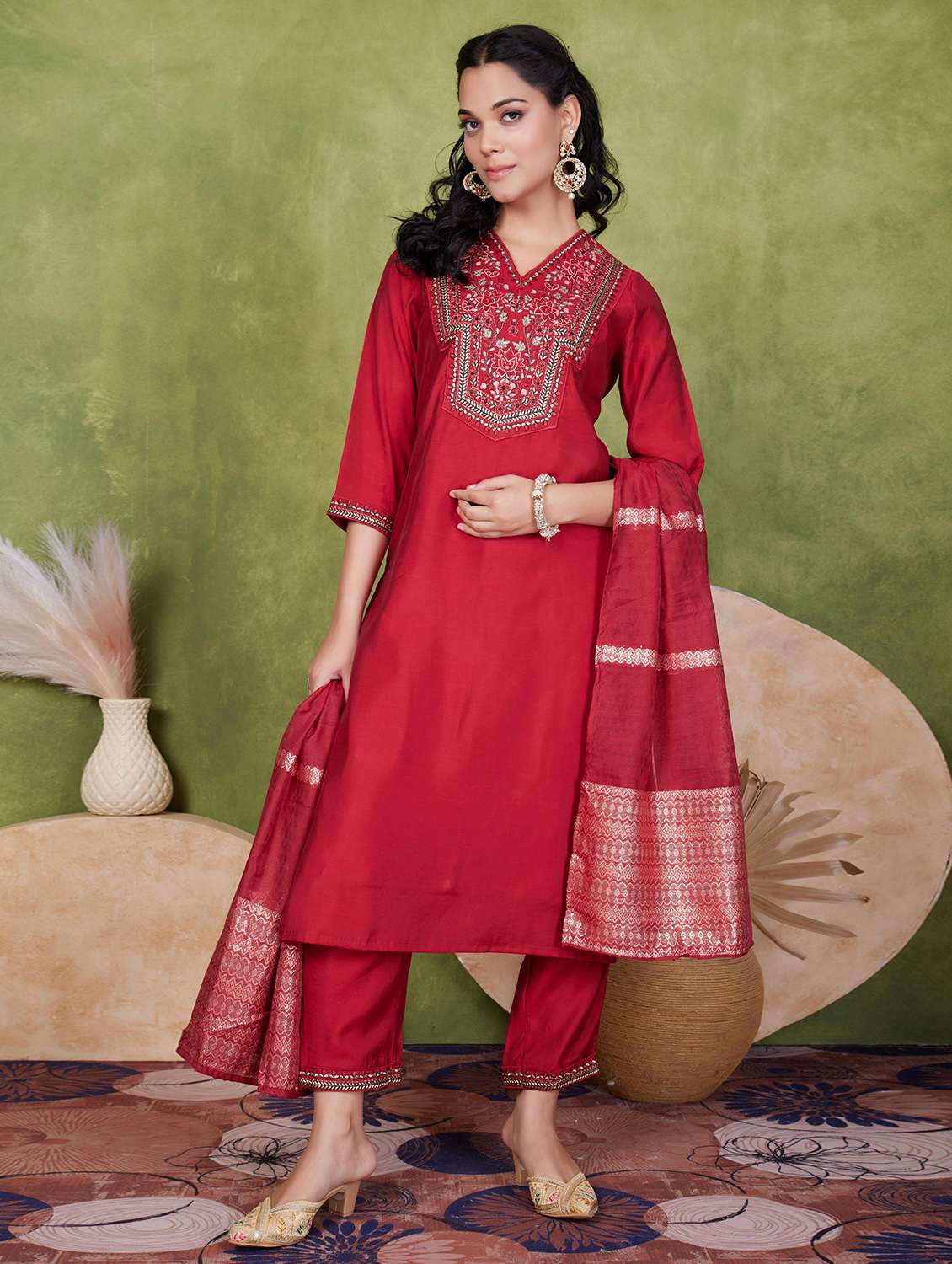 women three quarter sleeve kurta pant with dupatta set