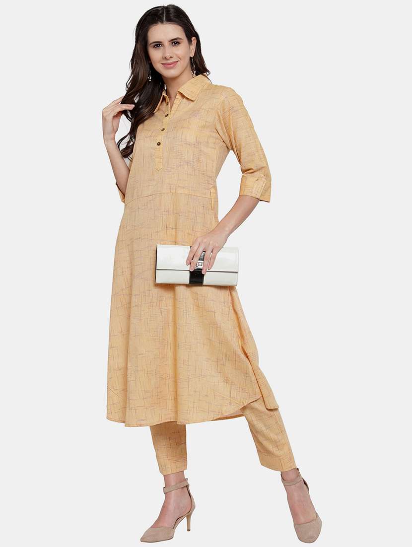 women melange three quarter sleeve kurta pant  set
