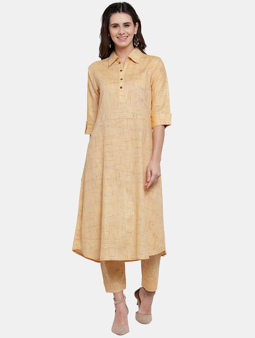 women melange three quarter sleeve kurta pant  set - 21925278 -  Standard Image - 1