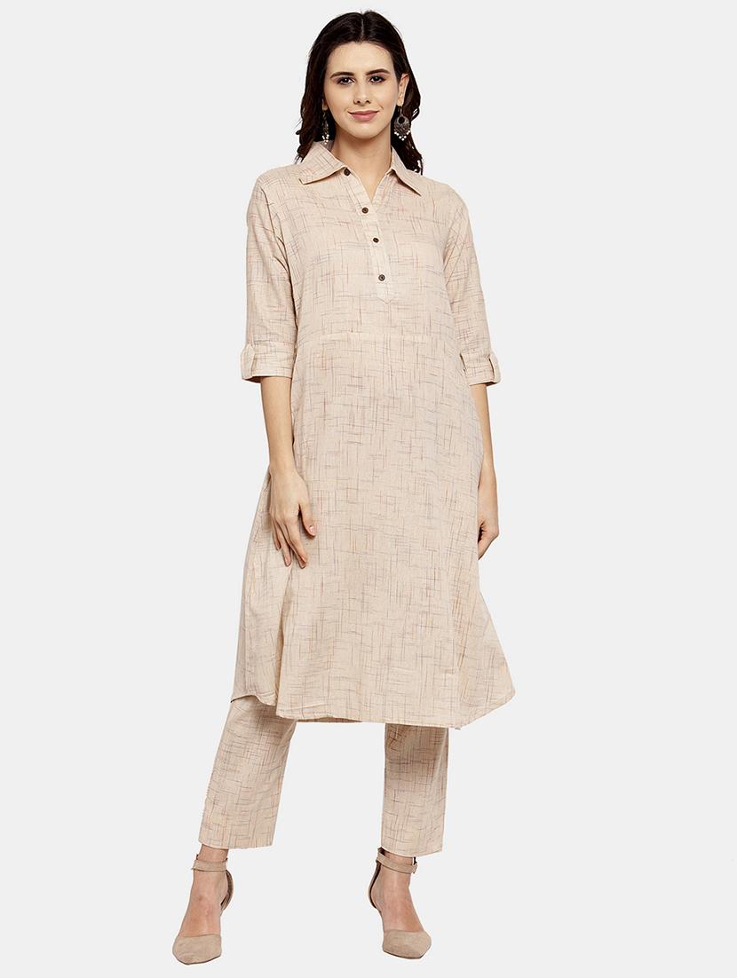 women melange three quarter sleeve kurta pant set - 21925279 - Standard Image - 1