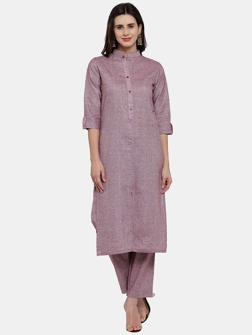 women solid three quarter sleeve kurta pant  set - 21925284 -  Standard Image - 1