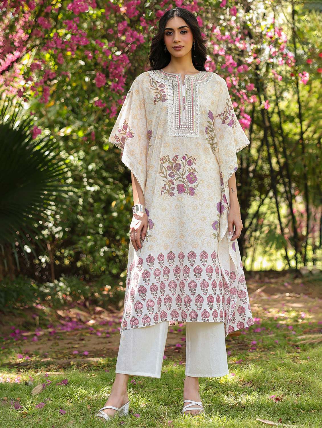 women cream kimono sleeve kaftan set