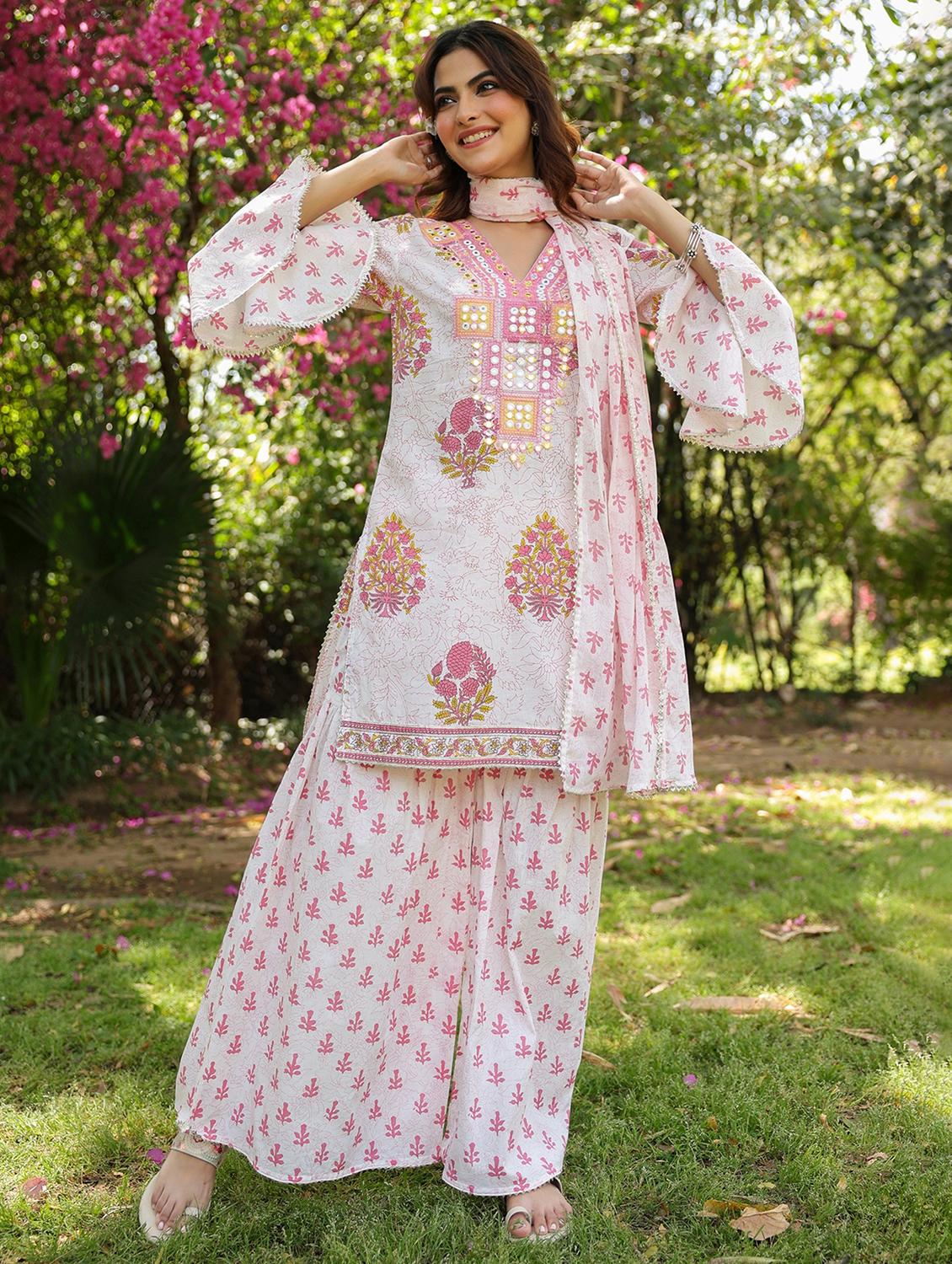 women bell sleeve kurta sharara with dupatta set