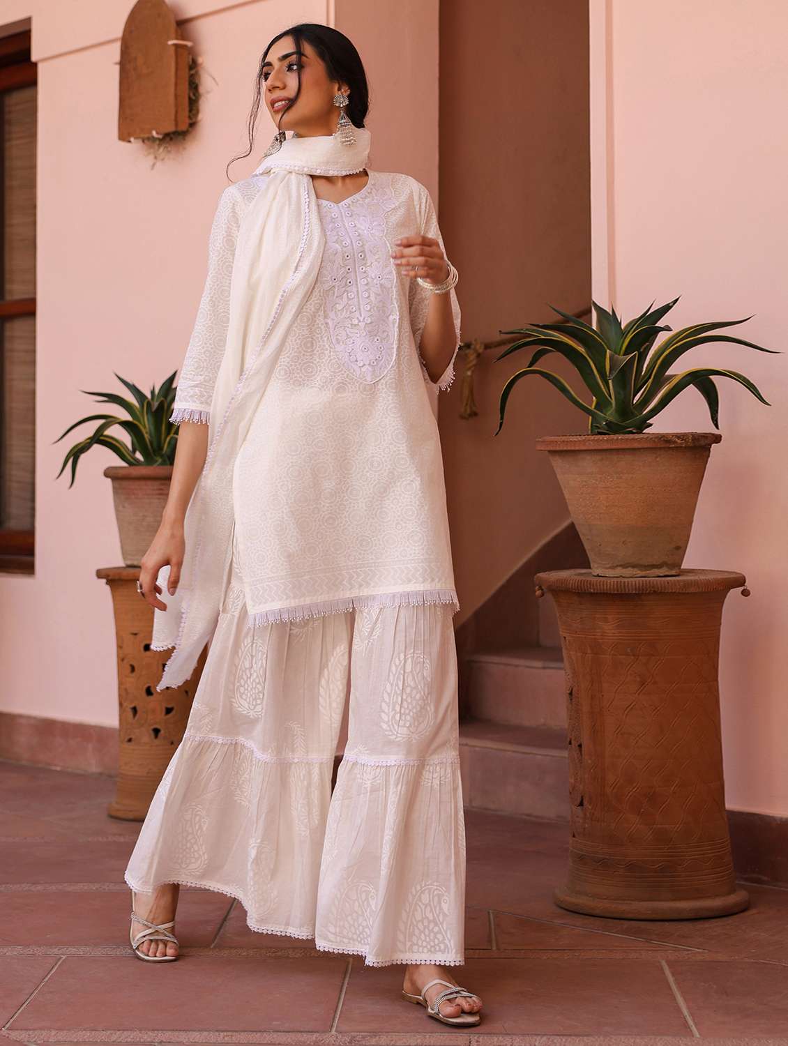 women three quarter sleeve kurta sharara with dupatta set - 21925597 -  Standard Image - 1