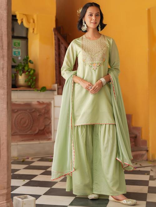 women three quarter sleeve kurta sharara with dupatta set - 21925605 - Standard Image - 0