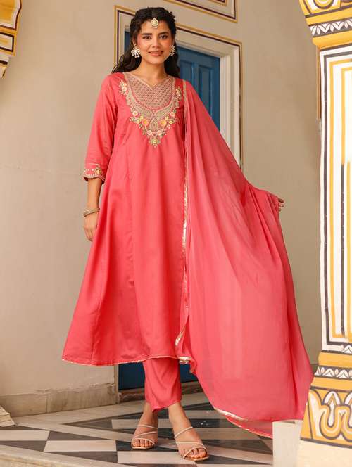 women three quarter sleeve anarkali kurta pant with dupatta set - 21925607 - Standard Image - 0