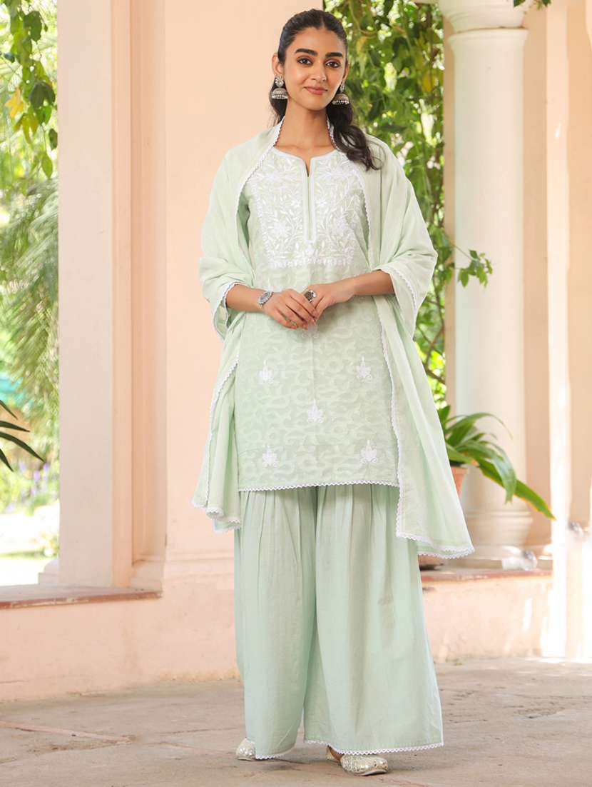 women three quarter sleeve kurta sharara with dupatta set